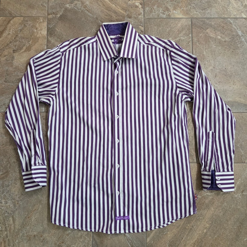 English Laundry Mens Striped Dress Shirt Purple White Button Down 16 1/2 34 35 - Picture 1 of 10